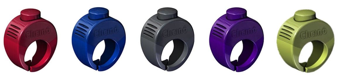 A picture of five rings(Red, Blue, Grey, Purple, and Lime Green) with a button on top to click. The rings say "Clicino" on them.