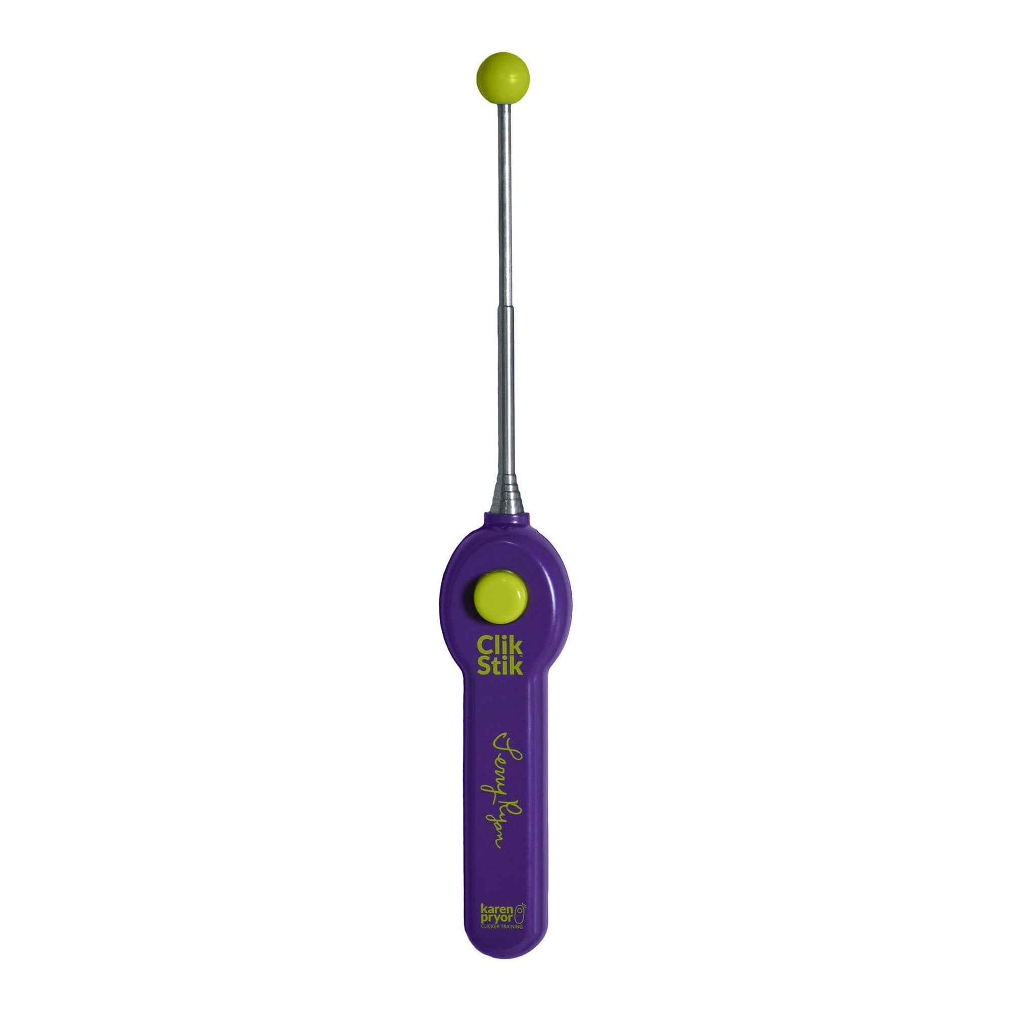Picture of the Clik Stik. It is a purple base with a green button and a green target on the end of a telescoping metal piece.